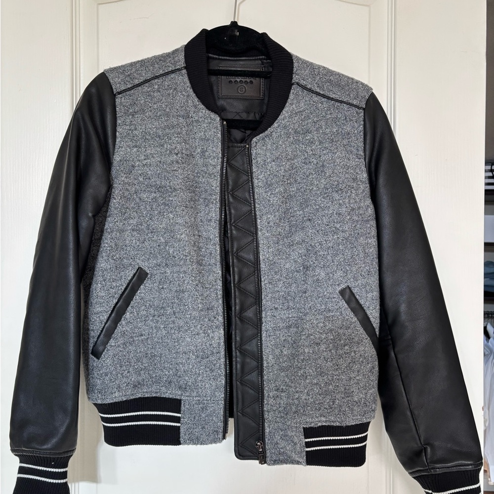 Blank NYC Gray and Black Bomber Jacket with Leather Sleeves